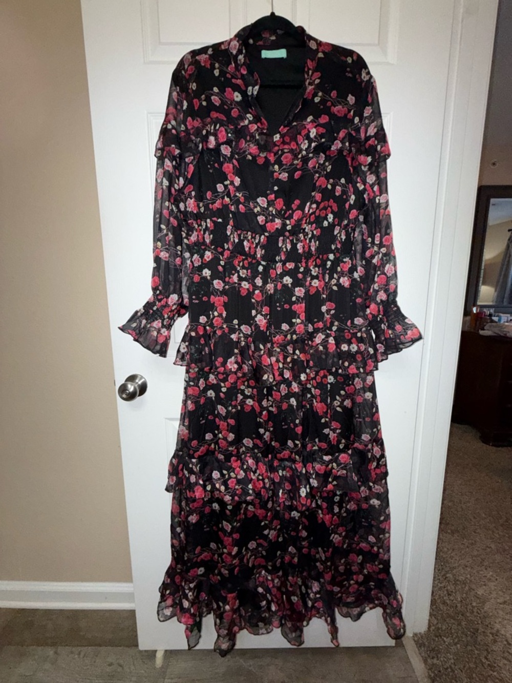 3X Black Maxi Dress with Pink Floral Print and Ruffles